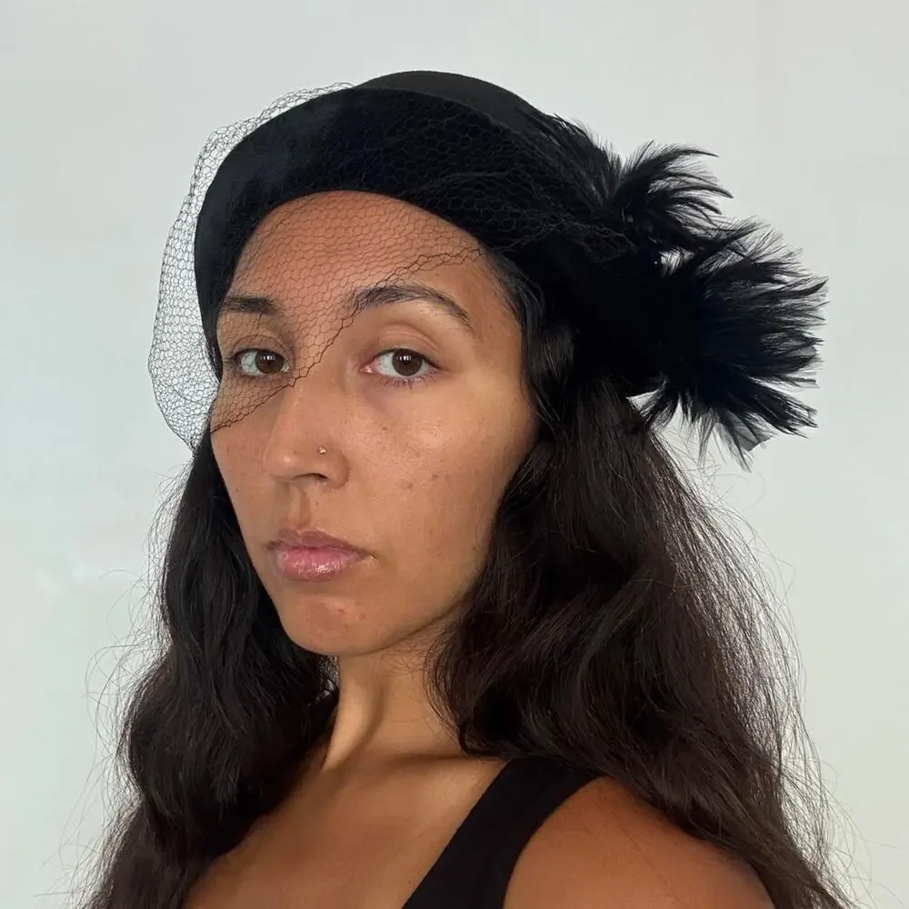 Vtg 1950s valerie modes crescent fascinator hat black feathers birdcage veil